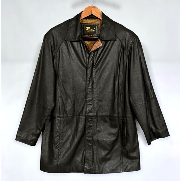 Vintage REED Mens Black Leather Car Coat Jacket Size Medium Soft/Relaxed Leather - Picture 1 of 12